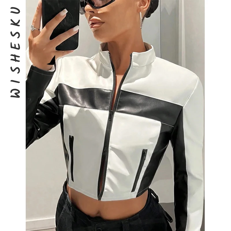 

Women's Black White PU Paneled Cropped Jackets Punk Grunge Zipper Slim Y2K Clothes 2025 Fall Moto Biker Casual Y2K Coat
