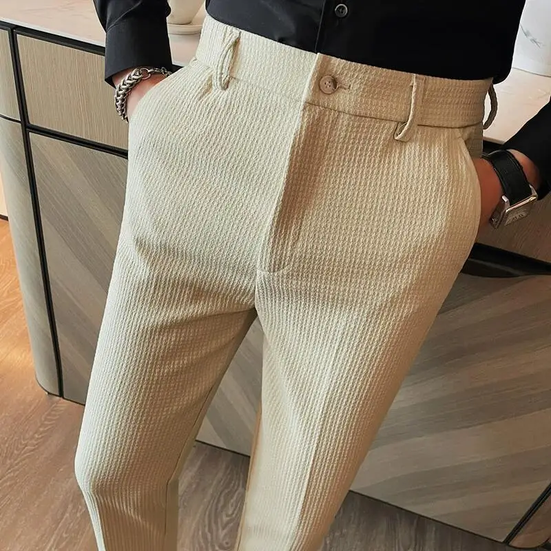 Men\'s Waffle Casual Pants Fashion Korean Stretch Waist Business Formal Pants Mens Social Party Suit Pants Streetwear Pencil Pant