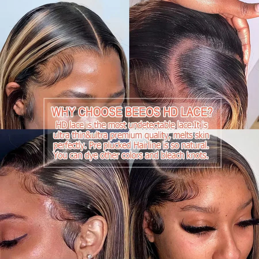 Oreo Highlight # Wig Rambut Asli 1b/27 13x6 HD Transparent Lace Frontal, Warna Bone Straight, Sudah Pre Plucked dan Bleached Knots, Untuk Wanita