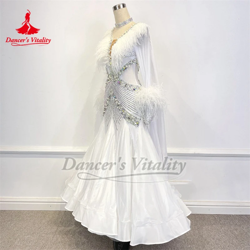 성인 탱고 포크스트롯 국제 챔피언십 진주 실크 원단 깃털 스타일 드레스 고급 맞춤형 댄서의 활력