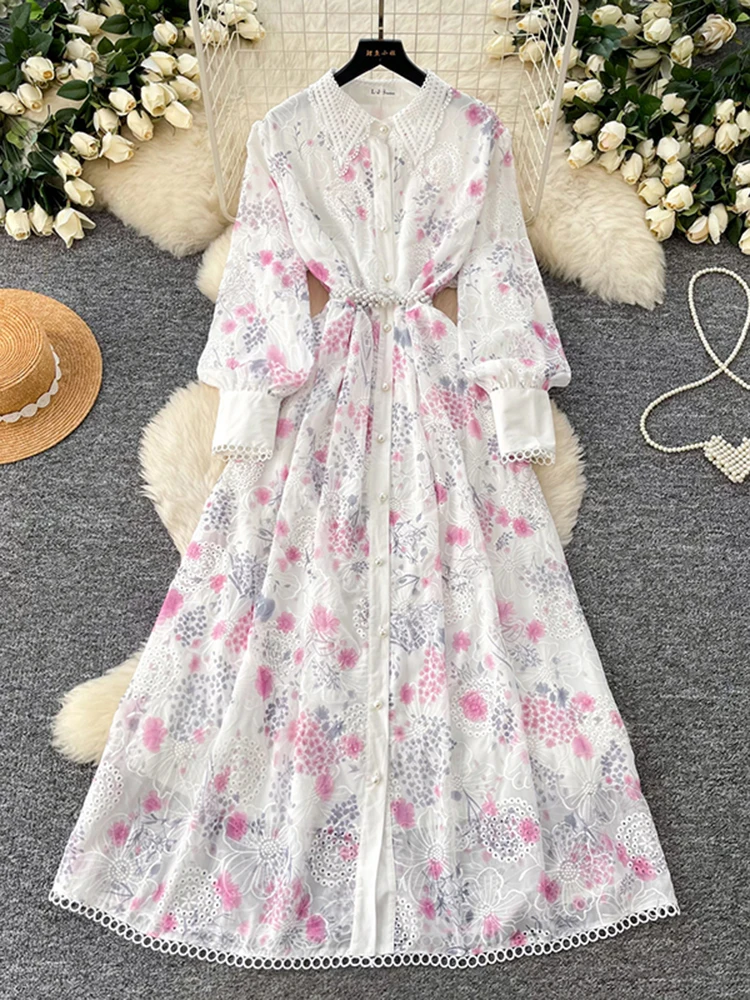 French Sweet Floral A-line Dress for Women in Spring Autumn Embroidered Long Sleeved Waist Cinching Elegant Long Dress D135