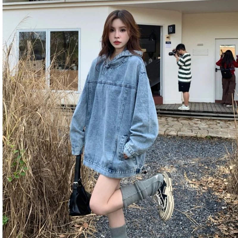 Autumn Women Jacket Vintage Denim Hoodie Sweatshirts Hip Hop Long Sleeve Harajuku Y2k Pullover Denim Streetwear Outerwear Tops