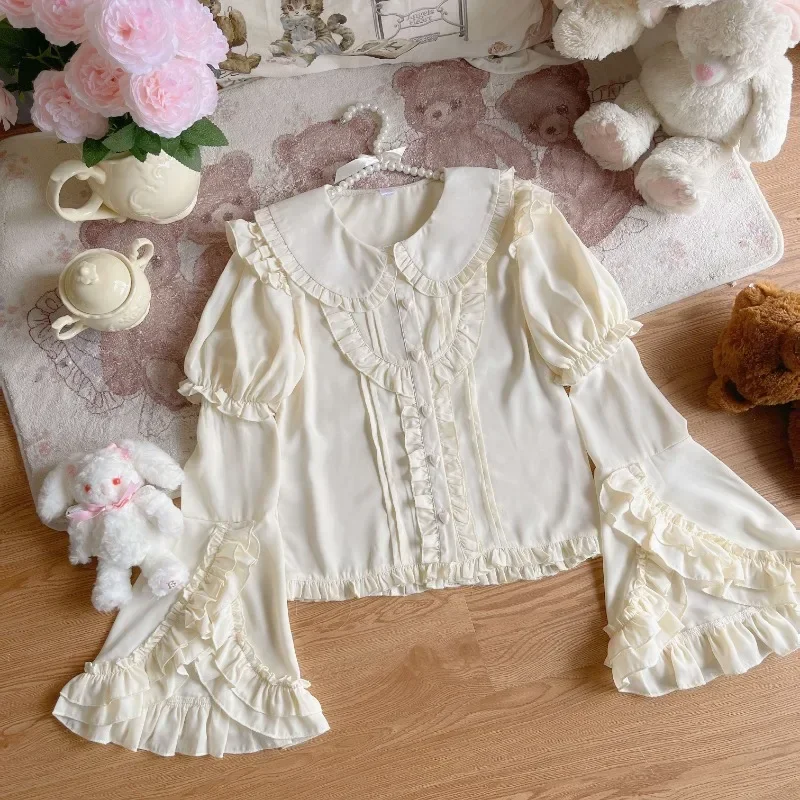 Victorian Gothic Lolita Shirt Fashion 2024 Kawaii Tops Cute Ruffles Peter Pan Collar Blouses Women Korean Womens Autumn Clothing