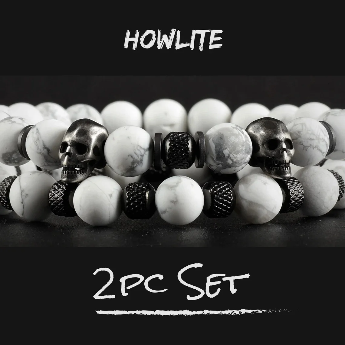 [Retro Skull Bracelet] 2pcs/set Blue Natural Stone Men's Elastic Bracelet | Retro Polygonal Skull Head Stone Bead Bracelets