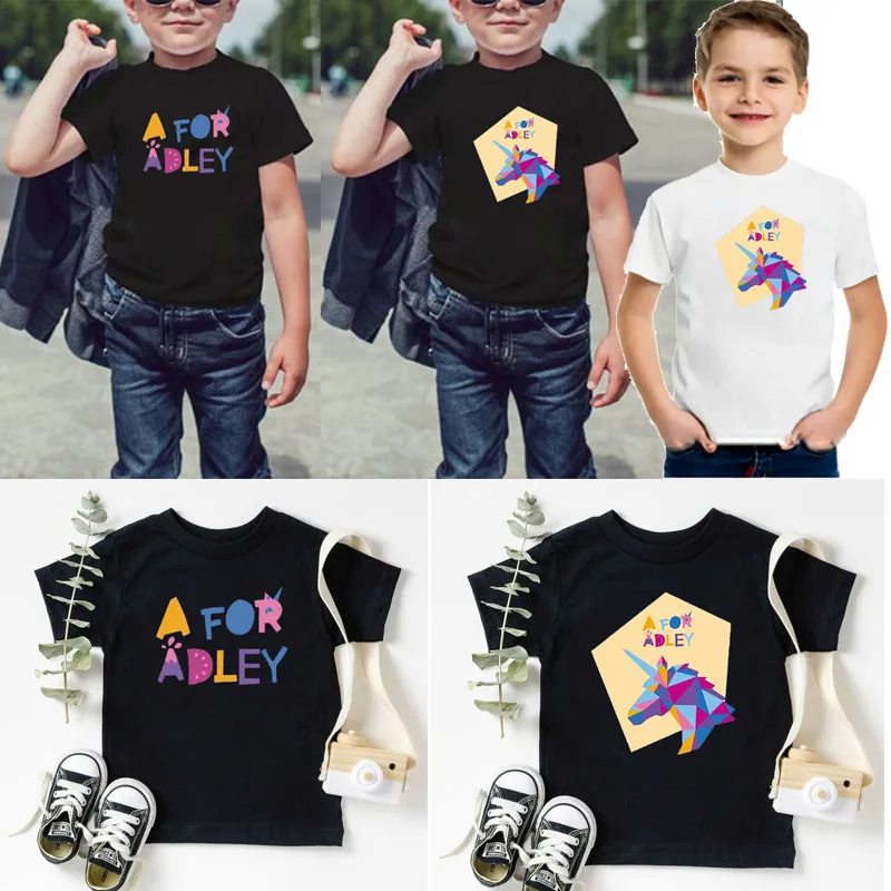 

Футболка A for Adley для мальчиков и девочек, эстетическая одежда, детский топ, детская одежда, одежда с мультяшным принтом и надписью, подарок