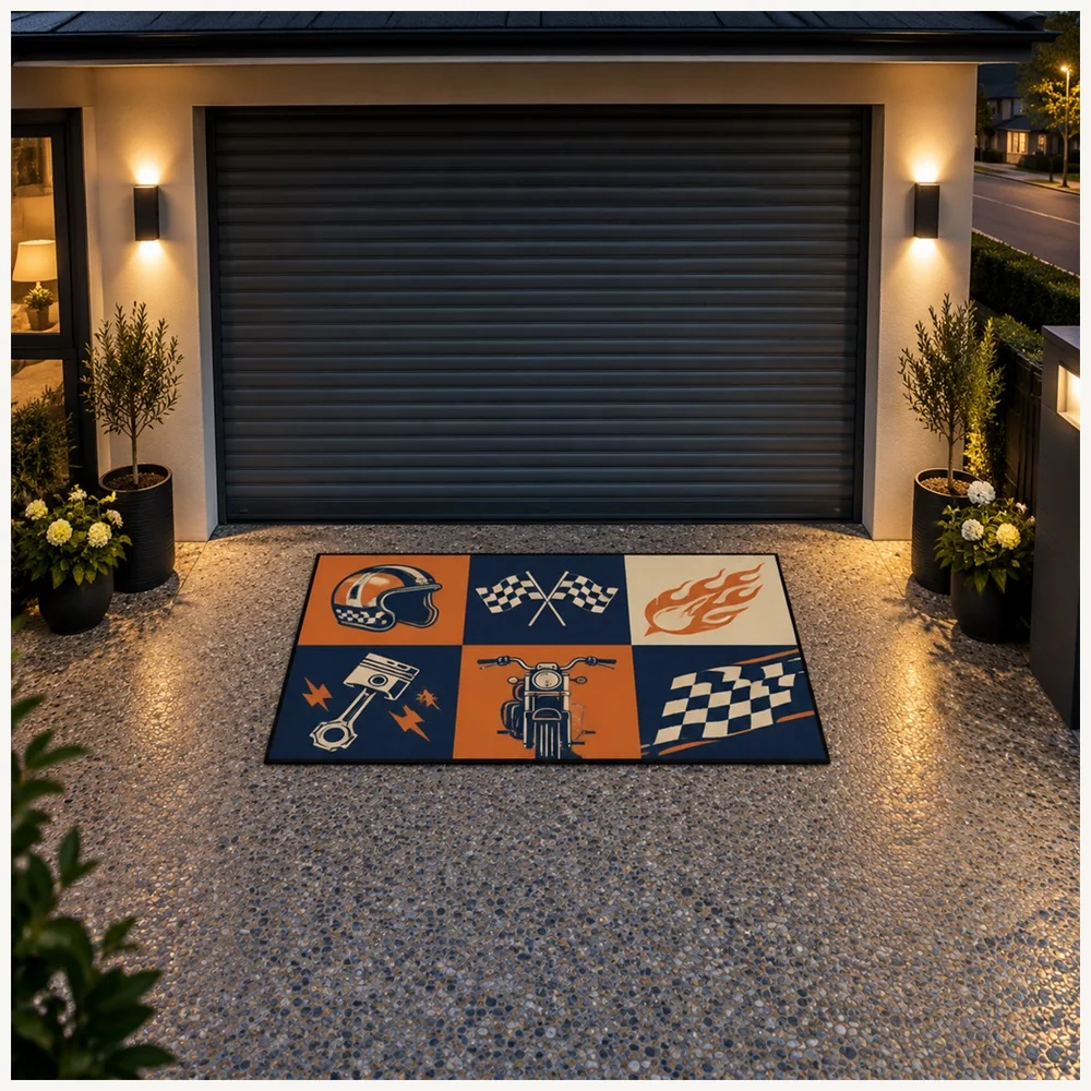 VIKAMA Racing Retro Navy Orange Flame Chopper Flannel Door Mat, Non-Slip Entryway Door Mat, Garage Decor for Snug, Landing