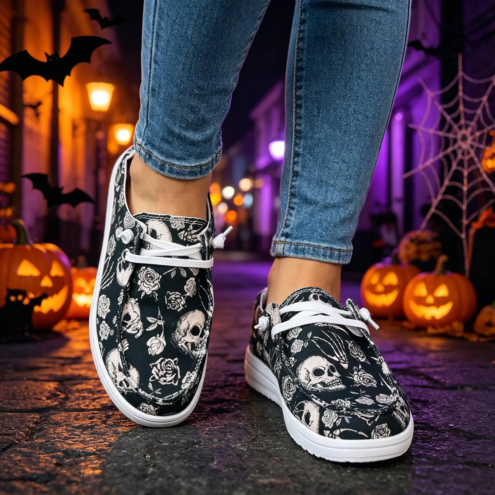 Women Halloween Skull Rose Floral Printed Canvas Sneakers Elastic No‑tie Lace‑up Flat Casual Shoes Ladies Lightweight Soft‑Sole Lazy Daily Walking Holiday Fashion Female Footwear