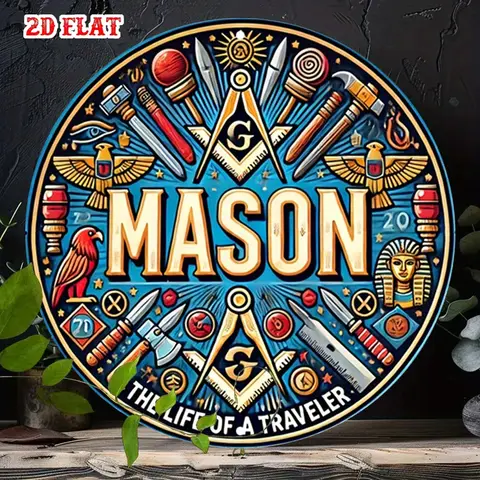 Masonic Symbols Vintage Round Metal Sign, Retro "Mason The Life of a Traveler" Wall Decor for Freemason Fans