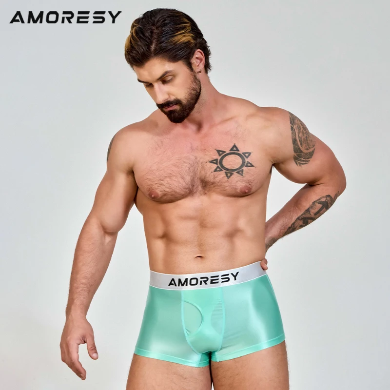 AMORESY Men's Ultra-thin Ice Silky Smooth Transparent Briefs Breathable Stretch Swim Trunks Spandex Underwear Beach Boxer Shorts