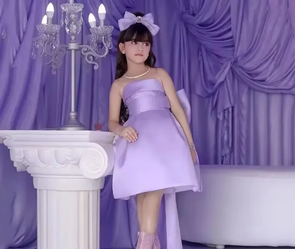 Customized Lavender Flower Girl Dresses For Wedding Satin With Bow Knee Length Simple Princess Birthday Party Formal Events Gown