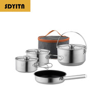 Outdoor 304 Stainless Steel Foldable Cookware Nesting Set Camping Picnic Frying Boiling One-Piece Outdoor Pot Portable Utensils