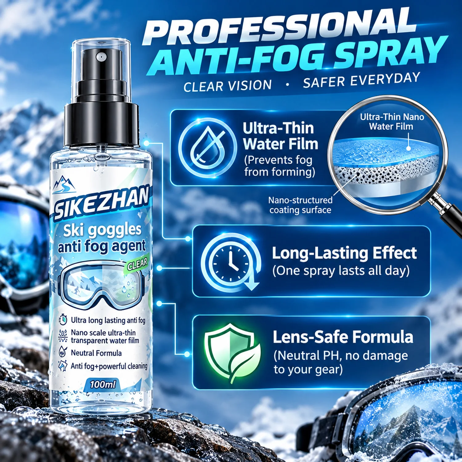 Quick Anti Fog Spray for Snowboard Ski Goggles Clear Defogger for Motorcycle Helmet Eyewear Eyeglasses Glasses Cleaning Agent