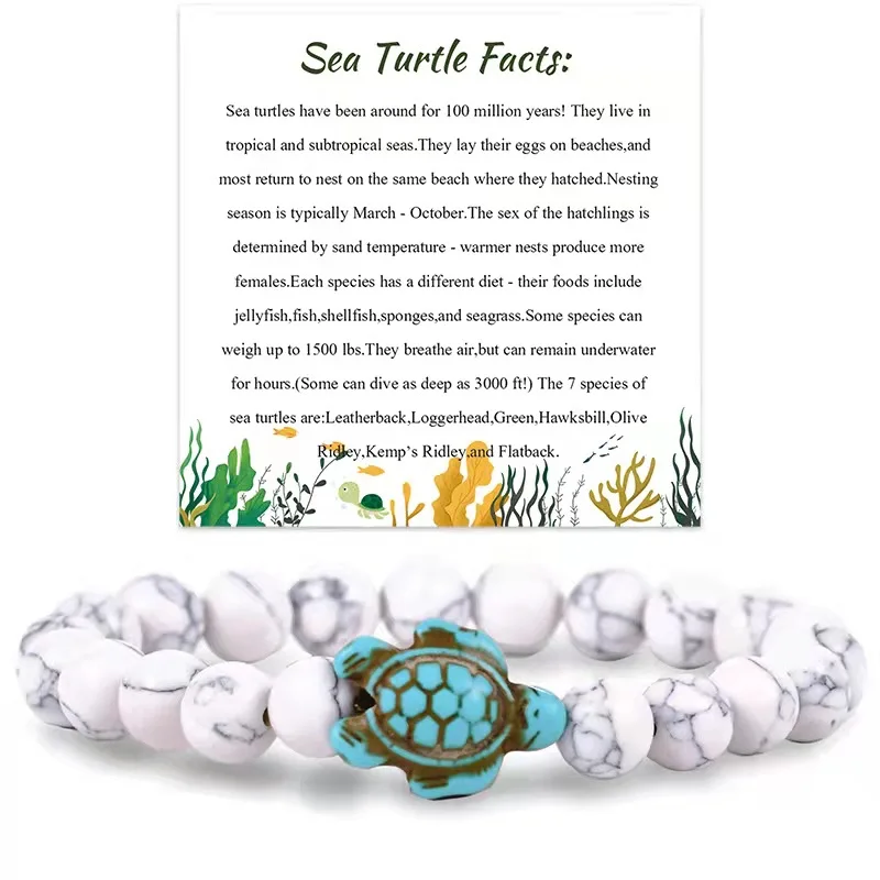 Sea Turtle Pendant Bracelet 8mm Volcanic Stone White Turquoise Beads Bracelet with Card