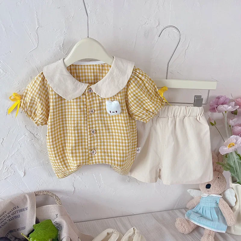 

New Summer Fashion Baby Girls Clothes Children Short Sleeved Plaid Shirt Shorts 2Pcs/Sets Infant Casual Costume Kids Tracksuits