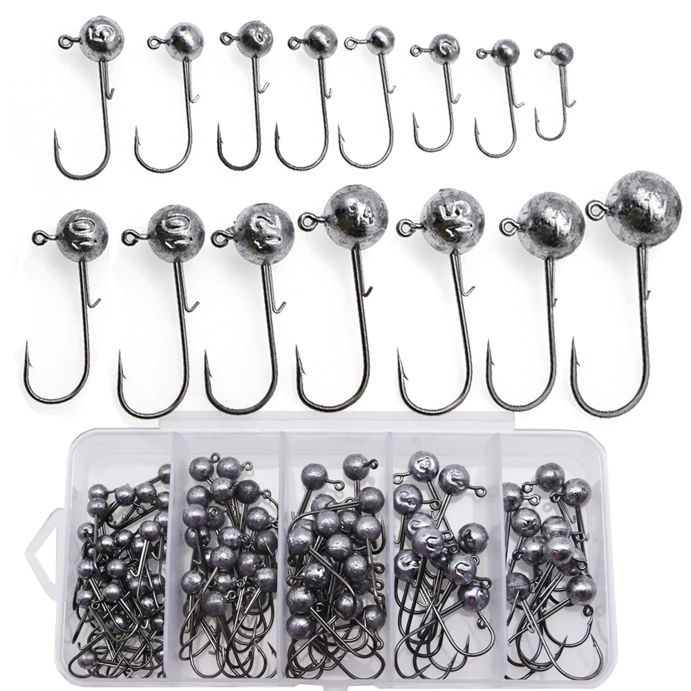 Mrlurion Box-Set 1g 2g 3g 5g 7g 10g 15g 17g 20g Jigkopf-Angelhaken-Kit für Barsch, Barsch und Forelle, Weichplastik-Soft-Worm-Haken