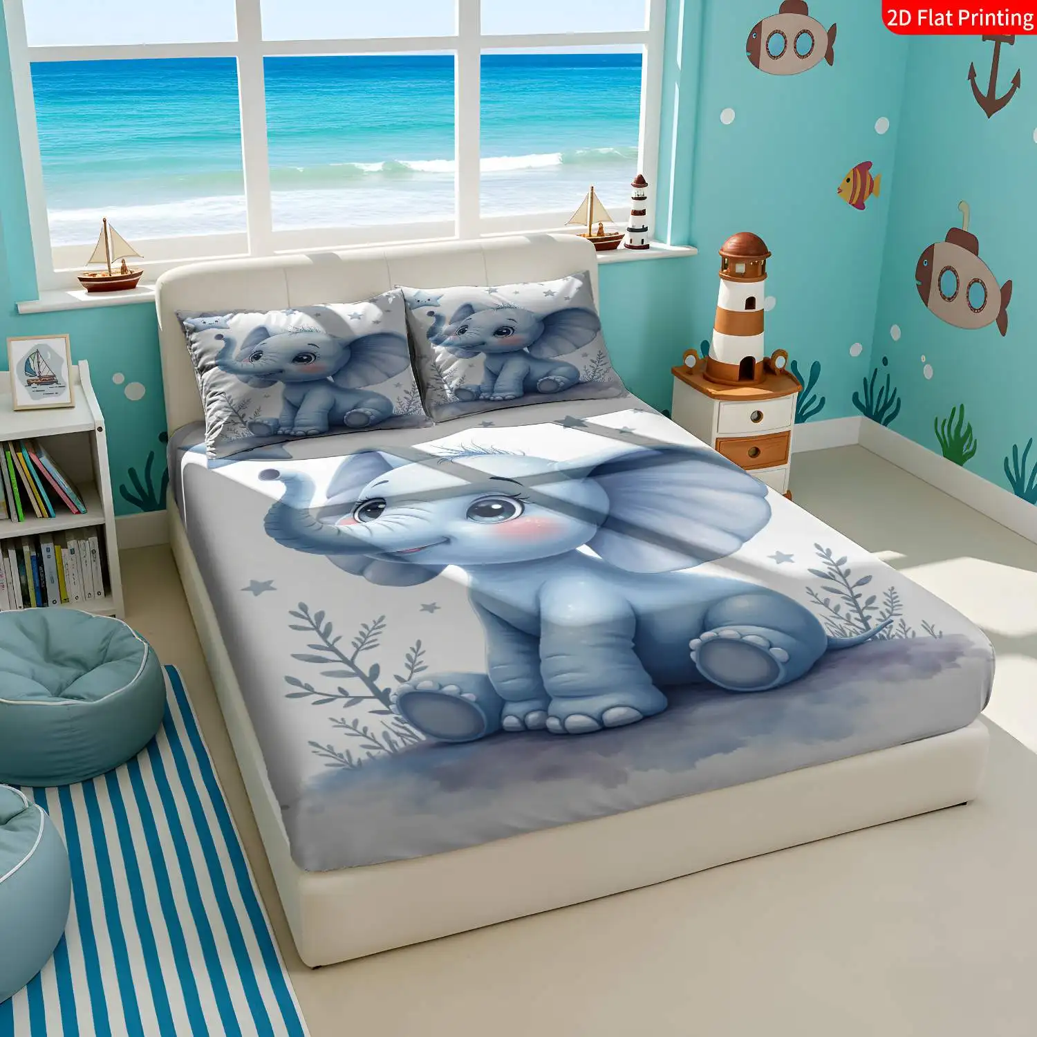 Christmas 2D Digital Print Three-Piece Bedding Set (includes 1 fitted sheet + 2 pillowcases) Mattress Protector, Fitted Sheet Style with Elastic Band, Protective Cover, Mattress Protector, Fitted Sheet Style Bedding, Cute Cartoon Elephant Bedding
