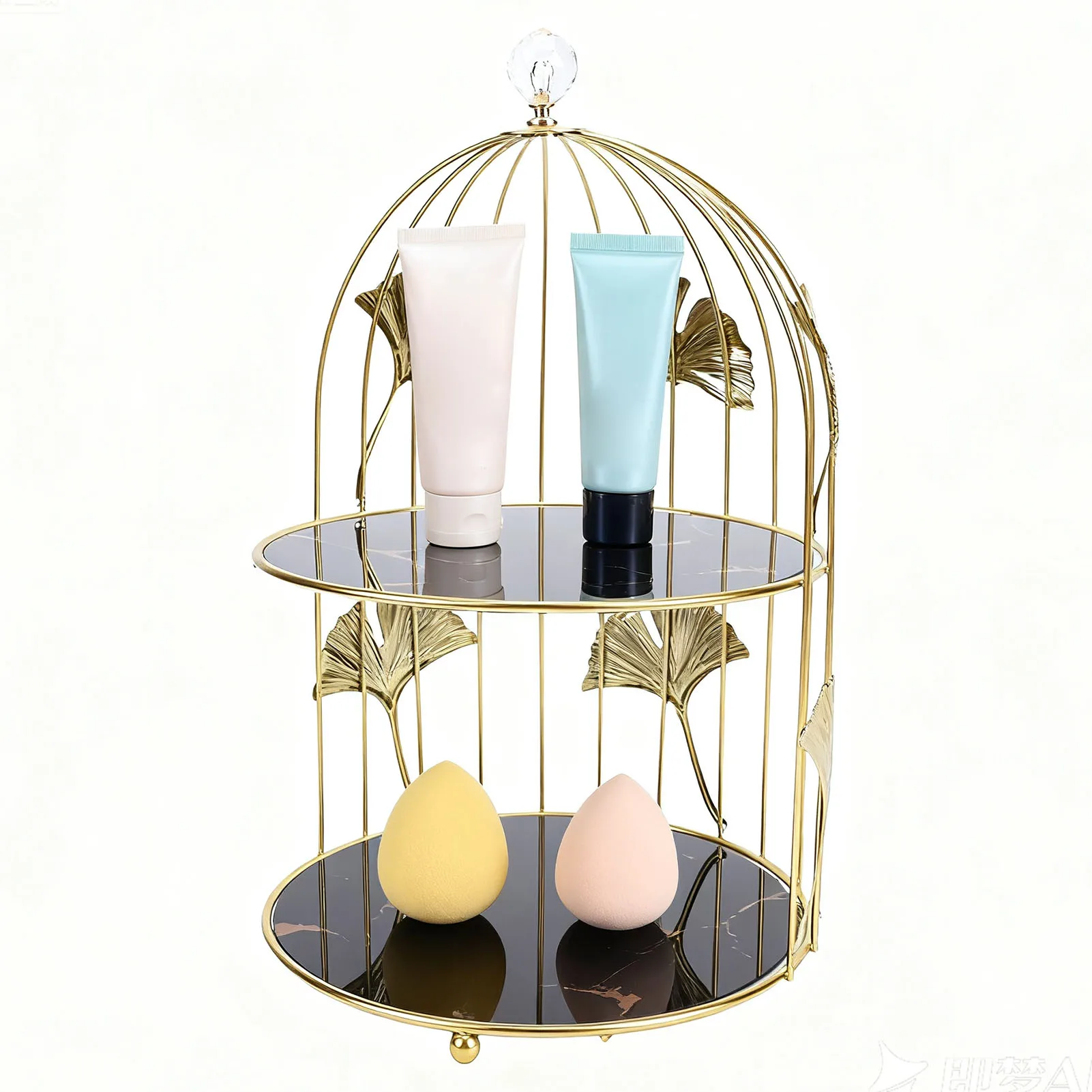

Gold Bird Cage Shape 2 Tier Cupcake Cake Stand Cosmetics Storage Rack Jewelry Display Holder Multi Purpose for Home Bedroom Part