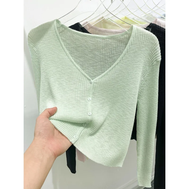 Ice Silk Knitted Cardigan Short Top Women's Thin Design Sunscreen Base Small Shirt New Cover Up Shirt