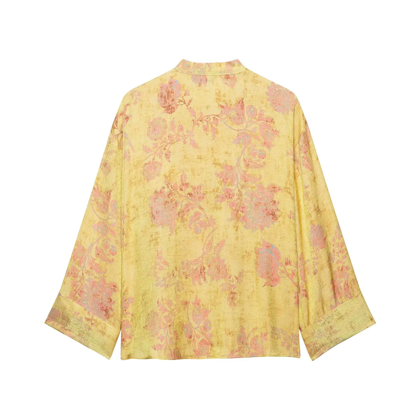 BSAY 2026 Retro-Blumenmuster Damen Neue Chinesische Bluse mit Stehkragen und Froschknopfverschluss mit Passender Plissierter Weitenhose – Detail 5