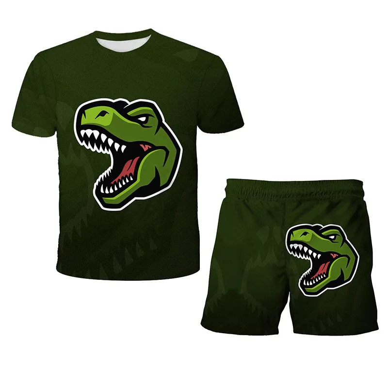 Dinossauro de Mangas Curtas Infantil 3D Impresso Digital 2 Piece Set, Pulôver de Pescoço Redondo, Personalizado, Casual, Verão