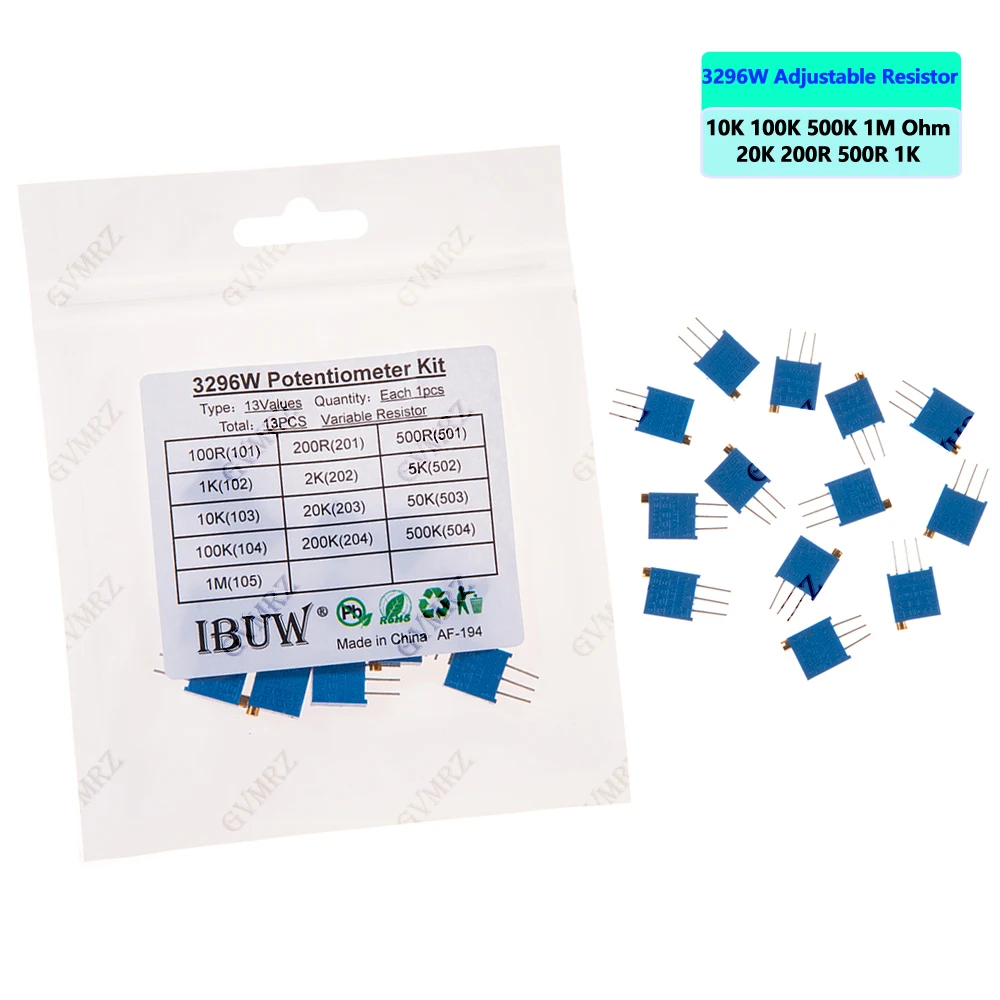 13PCS 3296W Trimmer Resistor Adjustable Resistor 10K 100K 500K 1M Ohm Variable Resistor with 3 Pins for Projects