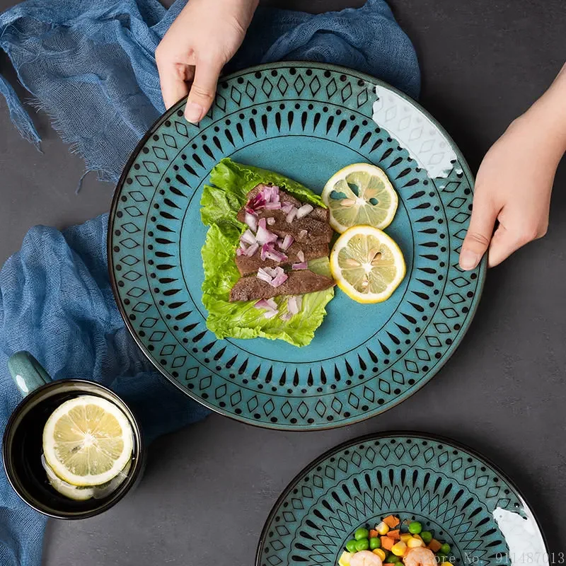 Japanese Kiln Glaze Creative Ceramic Steak Western Food Dinner Plate, Restaurant Kitchen Supplies, Exotic Customs Tableware, 1Pc