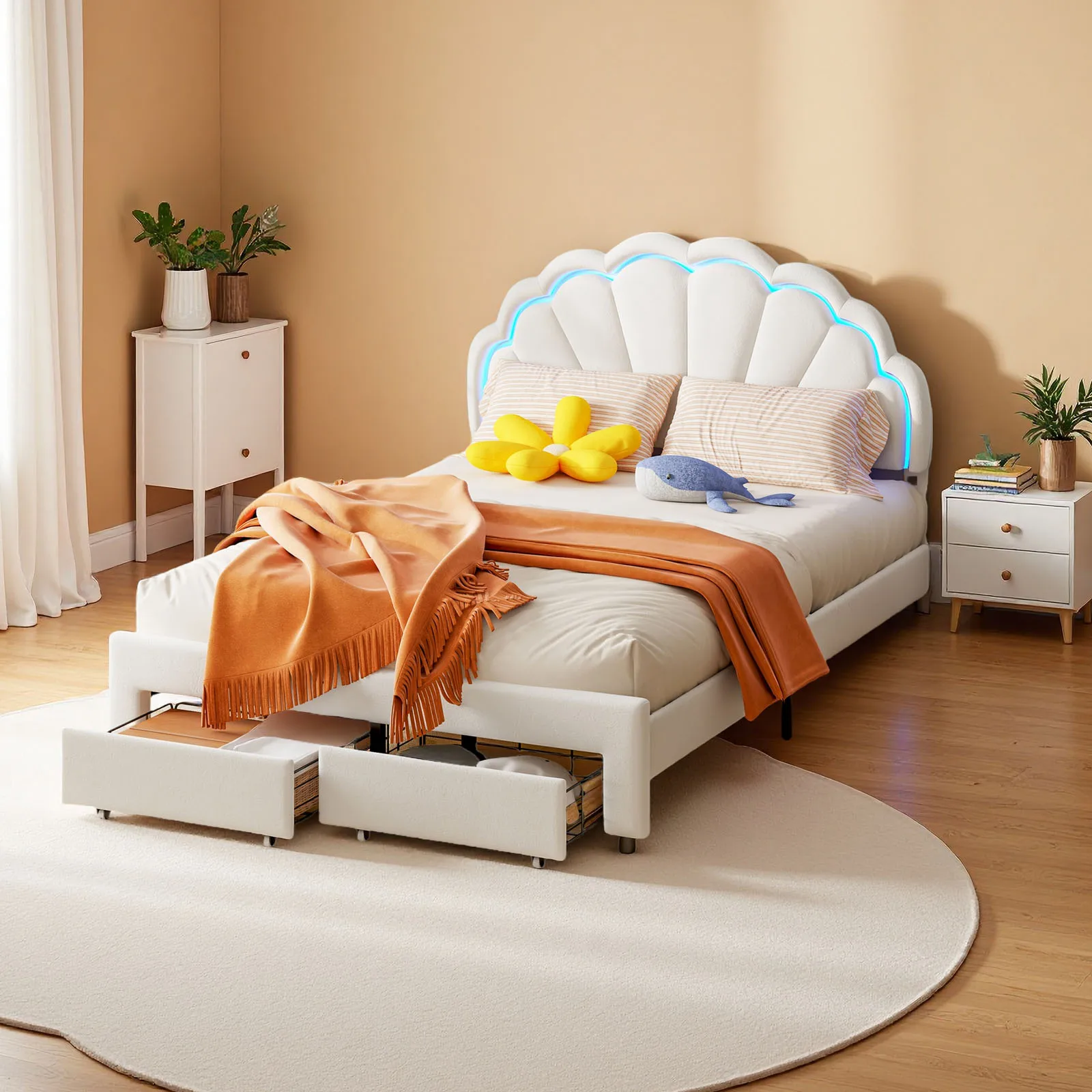 Comanlai Kinderbett 90/140 x 200 cm mit Schubladen, gepolstertes Bett für Mädchen, Kopfteil in Blumenform mit LED-Beleuchtung, weiß