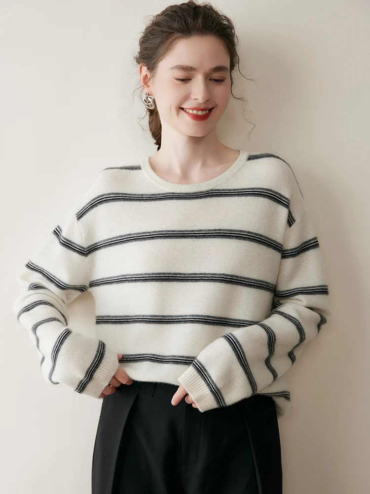 Nowy damski sweter z kaszmiru TLOML z okrągłym dekoltem, 100% kaszmir, sweter w paski z długim rękawem, jesienno-zimowa kaszmirowa dzianina, codzienne topy