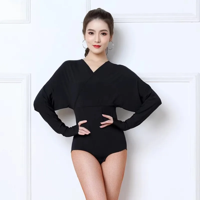 

Customized Latin Dance Jumpsuit V-neck Bat Sleeve Practice Costume Long Sleeved Ballroom Dance Dress Women's Top Leotard
