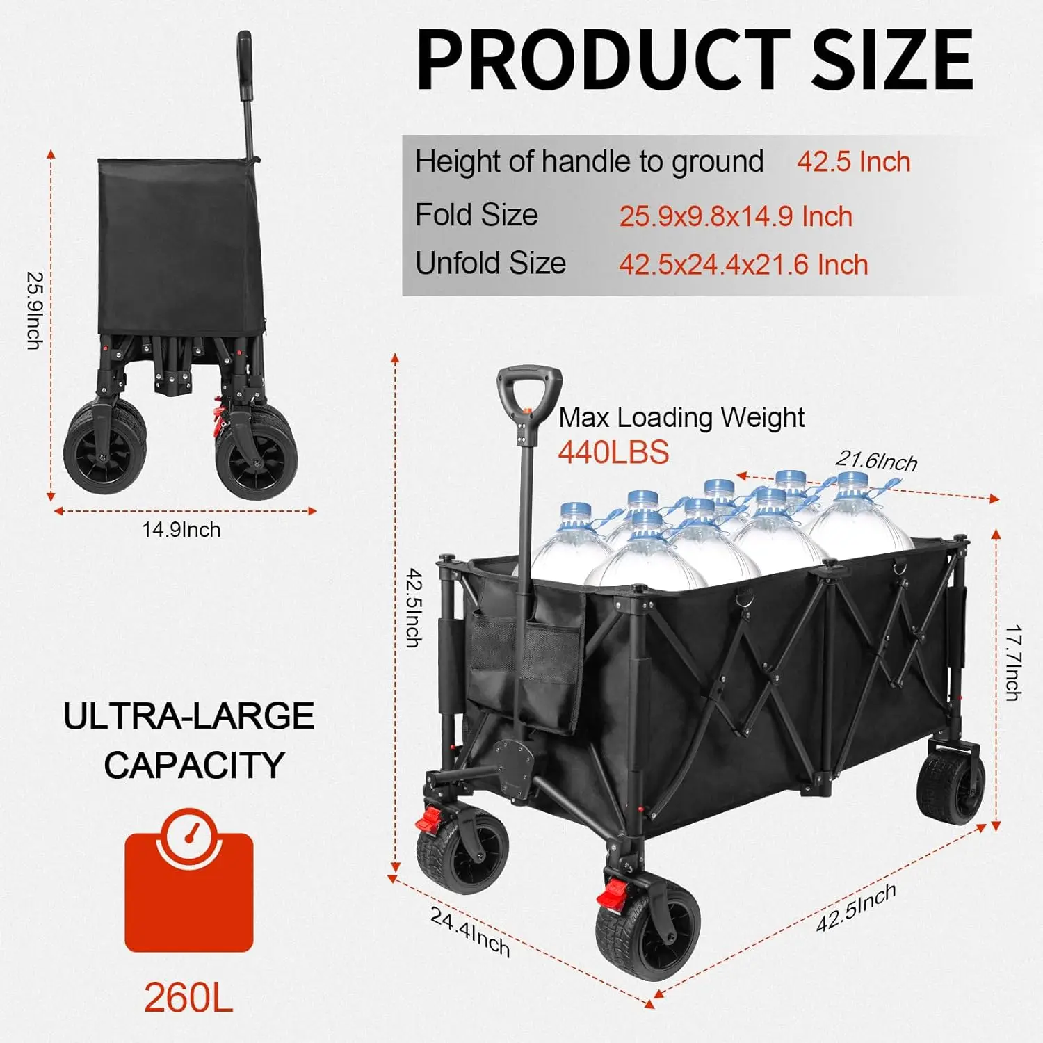 Collapsible Foldable Wagon with 260L Carrying Capacity, Heavy Duty Extra Large Wagon Cart Max Loading Weight 440LBS Big