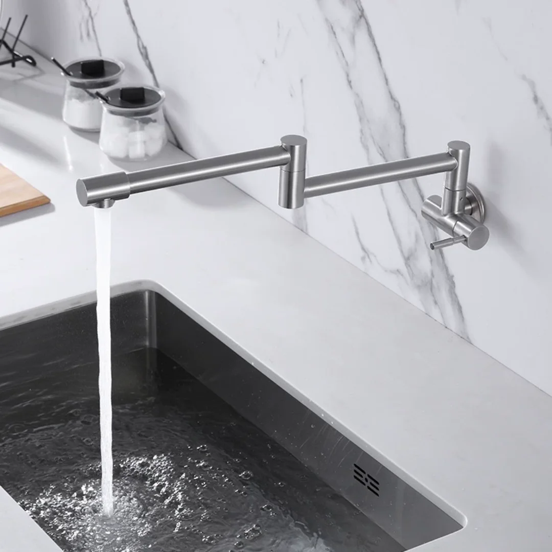 Brushed Gold Pot Filler Tap Wall Mounted Foldable stainless steel Kitchen Faucet Single Cold Sink Tap Rotate Folding Spout