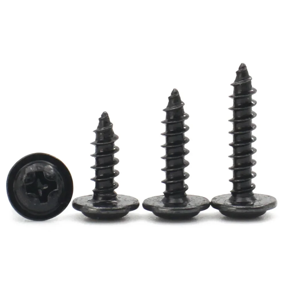 50-200pcs Mini Black Carbon Steel M1.4 M1.7 M2 M2.5 M3 M3.5 M4 Phillips PWA Cross Round Head Self Tapping Screws with Washer