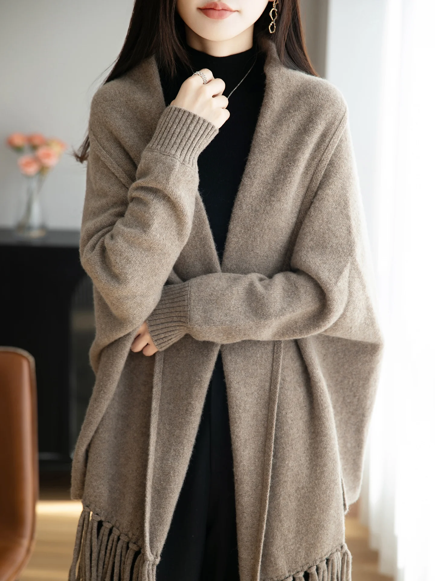 

Temperament Elegant Tapestry-Style Long Shawl Autumn Winter Warm Soft Comfort Solid Casual Loose Grace 100% Merino Wool Knitwear