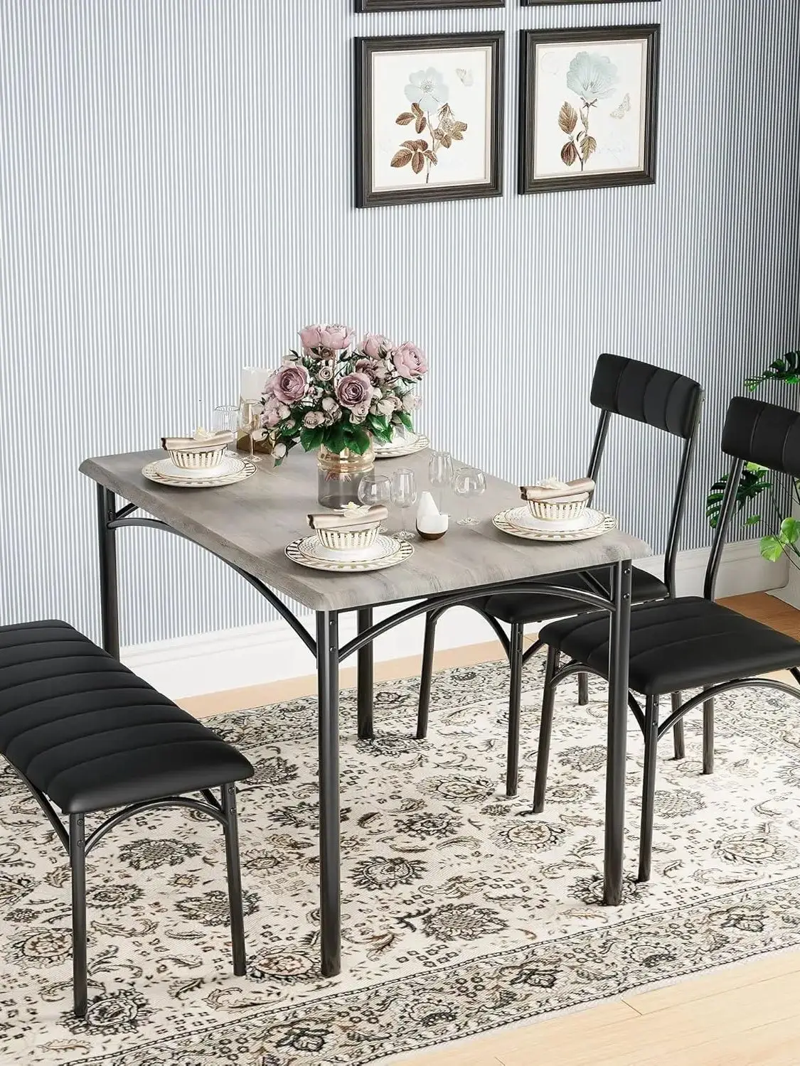 UK Dining Table Set for 4 with Upholstered Bench and 2 Chairs, Rectangular Dining Room Table Set for 4 for Small Space, Apartmen