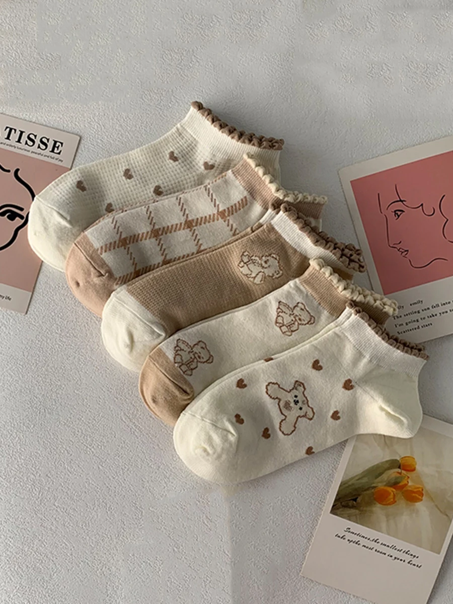 5 Paar Sommer-Cartoon-Braun-Socken für den täglichen Gebrauch mit süßer Spitze für Damen