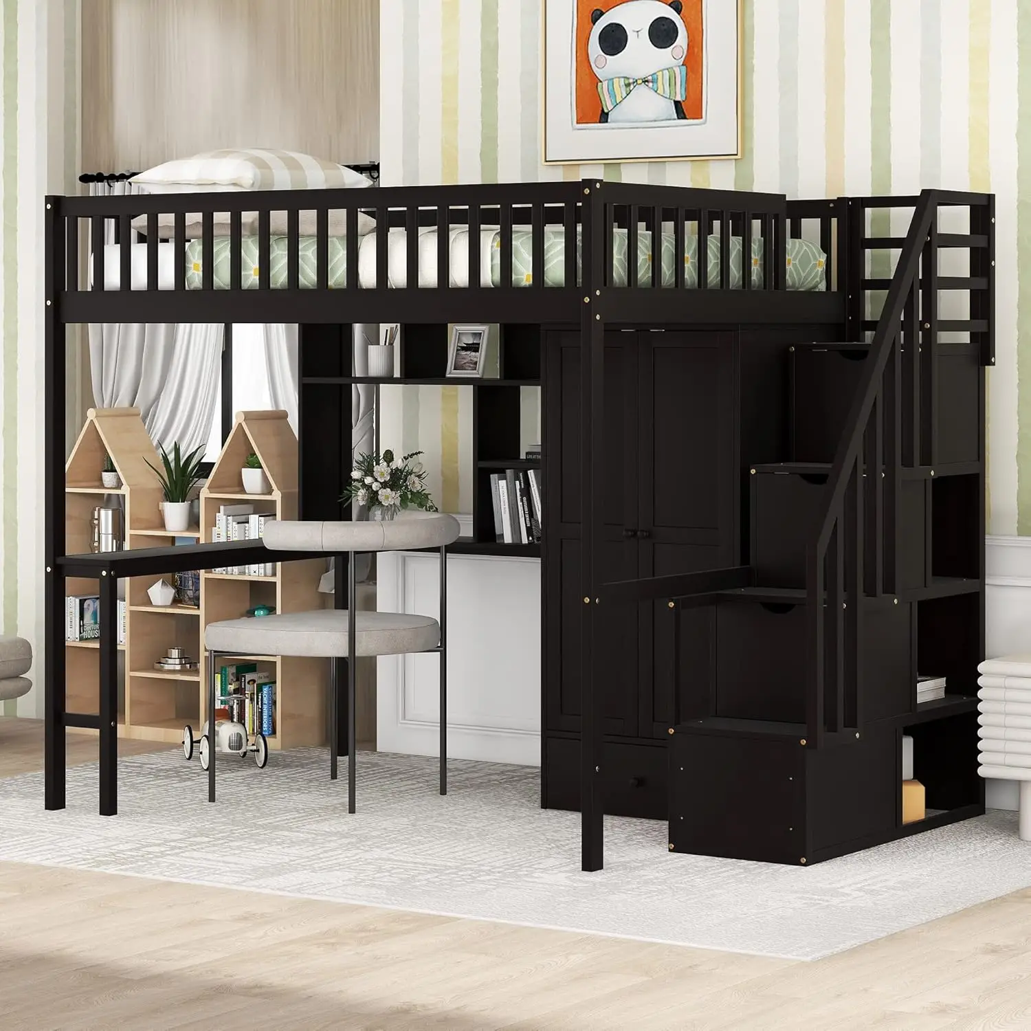 Merax Full Size Loft Beds Stairway Loft Bed Frame with Wardrobe, Desk, Bookcase and Drawers, Espresso