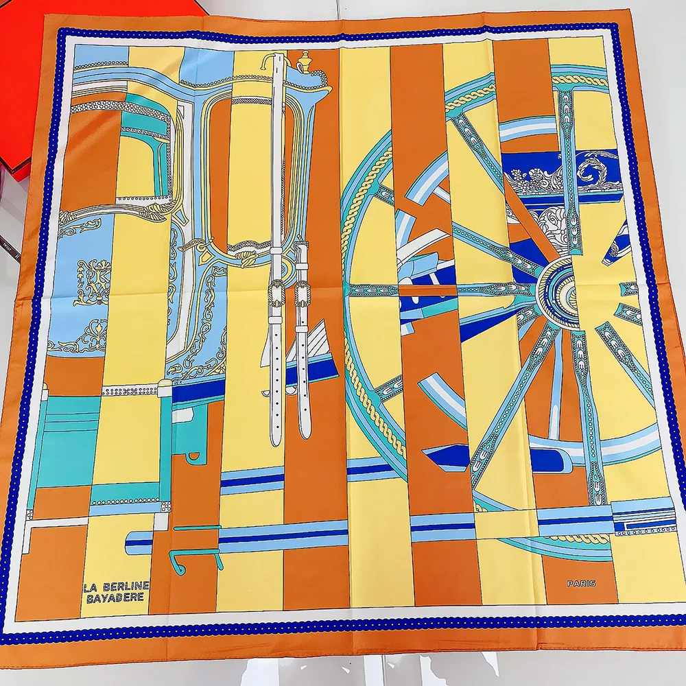 

Summer 90CM Luxury Brand Sports Manual Hand Rolled Twill Silk Scarf Women Curled Square Scarve Foulard Femme Wrap Bandana Hijab