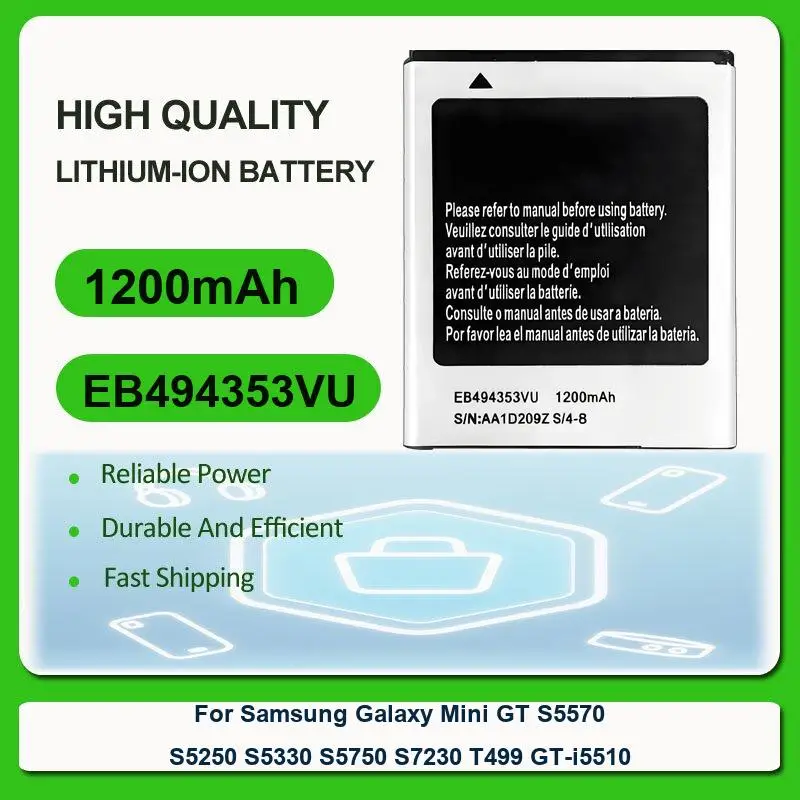 Replacement Mobile Phone Battery For Samsung Galaxy Mini GT S5570 S5250 S5330 S5750 S7230 T499 GT-i5510 EB494353VU 1200mAh