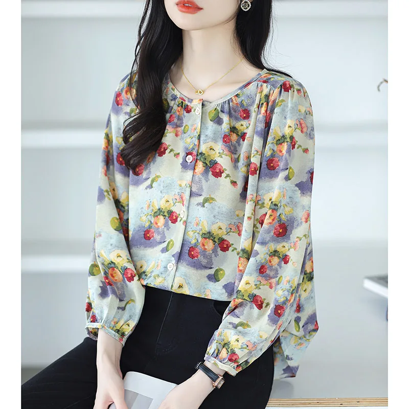 Women Clothing Fashion All-match Lantern Sleeve Chiffon Shirt Autumn Chic Print Button Blouses Lady Muslim O-neck Chic Tops