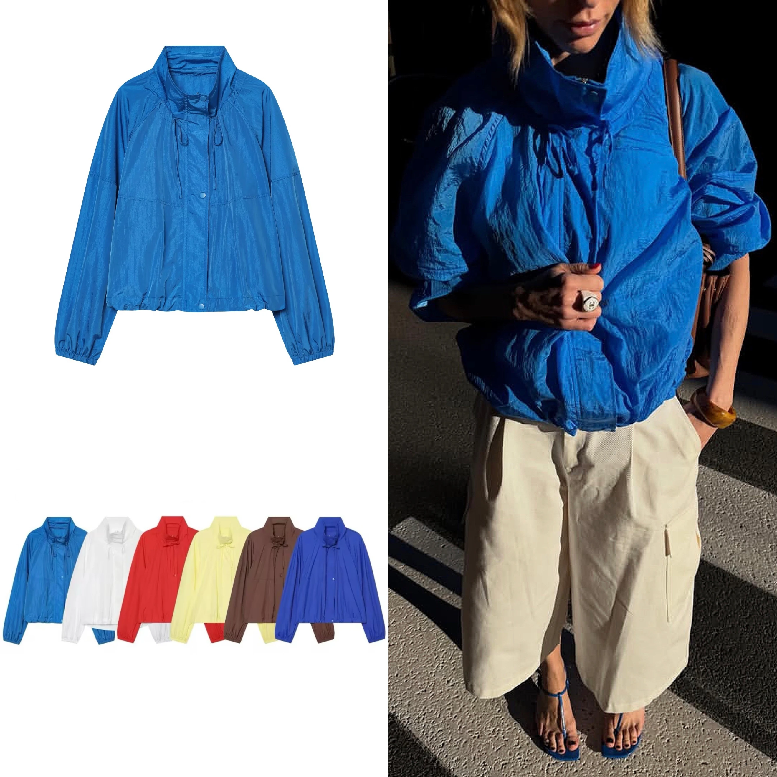 Guobioziy 2026 Autumn New Women Stand Collar Short Jacket Drawstring Detail Elastic Cuff Relaxed Fit Trendy Commute Outerwear