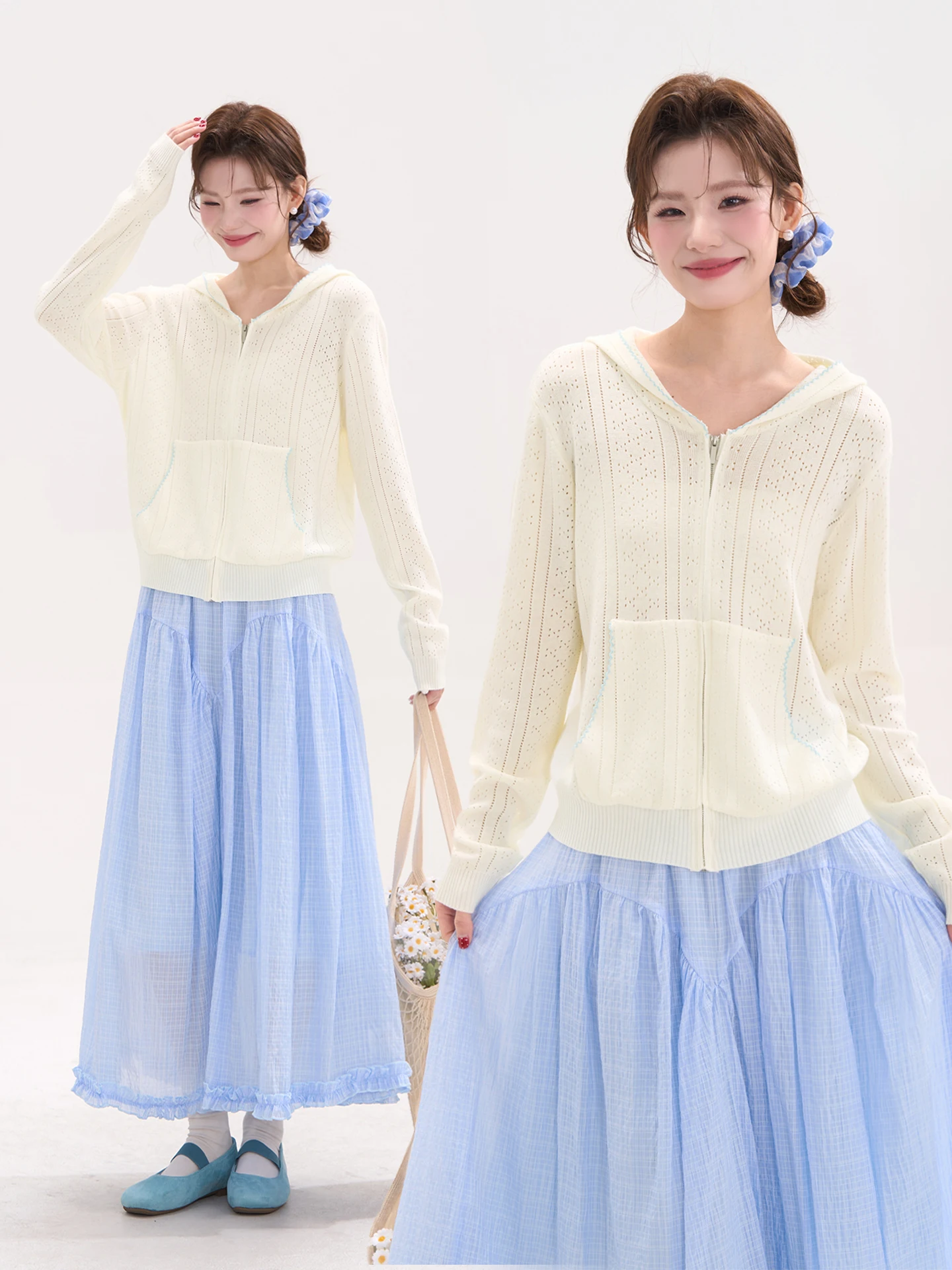 

Heme Knitted Long Sleeve Hooded Open Cardigan Women's Casual Style Hollow out Hook Spring Fashion Wool Blend Top