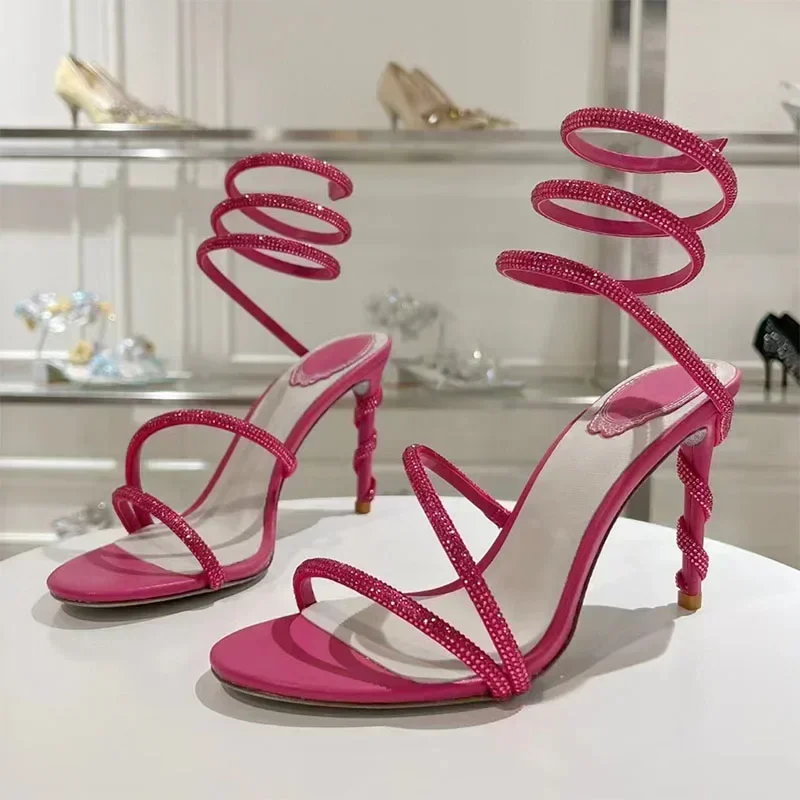 

Fashion Women Pumps Stiletto Heels Gladiator Sandals PeepToe Rhinestone Ankle Snake Twine Around Wedding Party Shoes