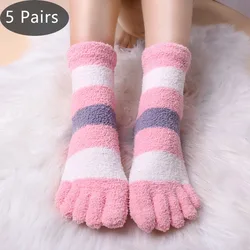 5 Pairs Winter Thick Toe Terry Socks Coral Velvet Striped Thermal Warm Floor Sleep At Home Five Finger Against Cold Snow Socks