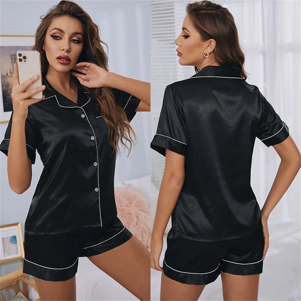 

Womens Silk Satin Pajamas Set Short Sleeve Two-piece Pj Sets Sleepwear Loungewear Button-Down
