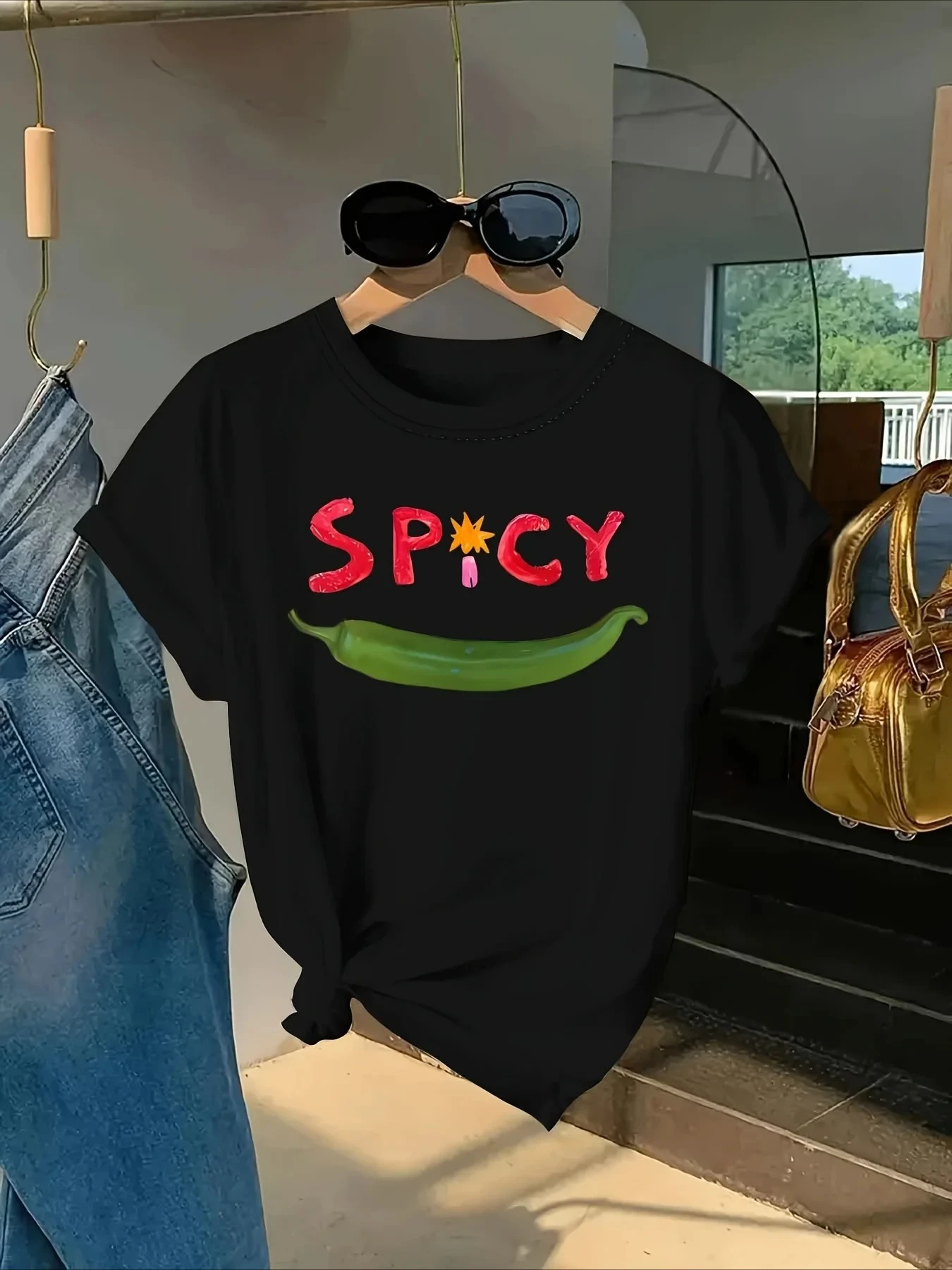 تي شيرت نسائي صيفي مطبوع عليه فلفل أخضر حار بأكمام قصيرة نمط جديد تي شيرت برقبة دائرية ملابس نسائية صيفية غير رسمية #4