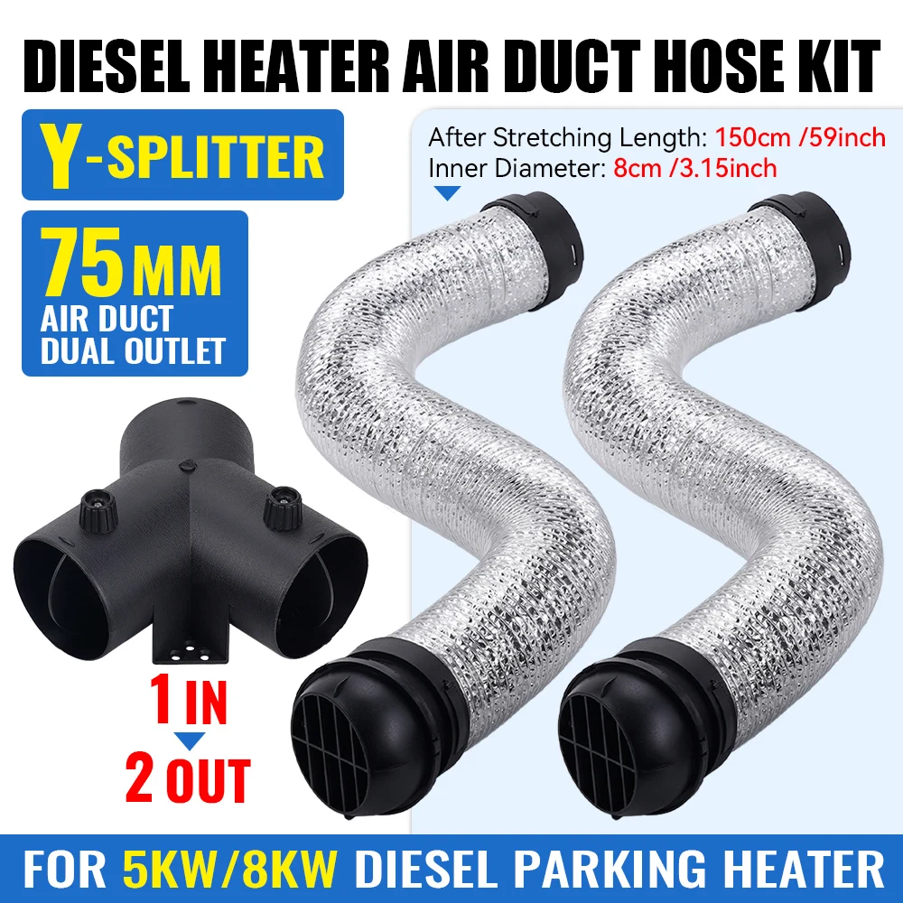 75mm flexibler Dieselheizungs-T&Y-Ventilanschluss, Schlauch 1,5m, 2x Luftauslass für 5KW 8KW Wohnmobil, LKW, Boot, Anhängerheizung – Detail 8