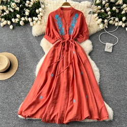Retro embroidery v neck Dress puff Sleeve loose Beach Vacation Women Korean Fashion Summer Vestidos dresses