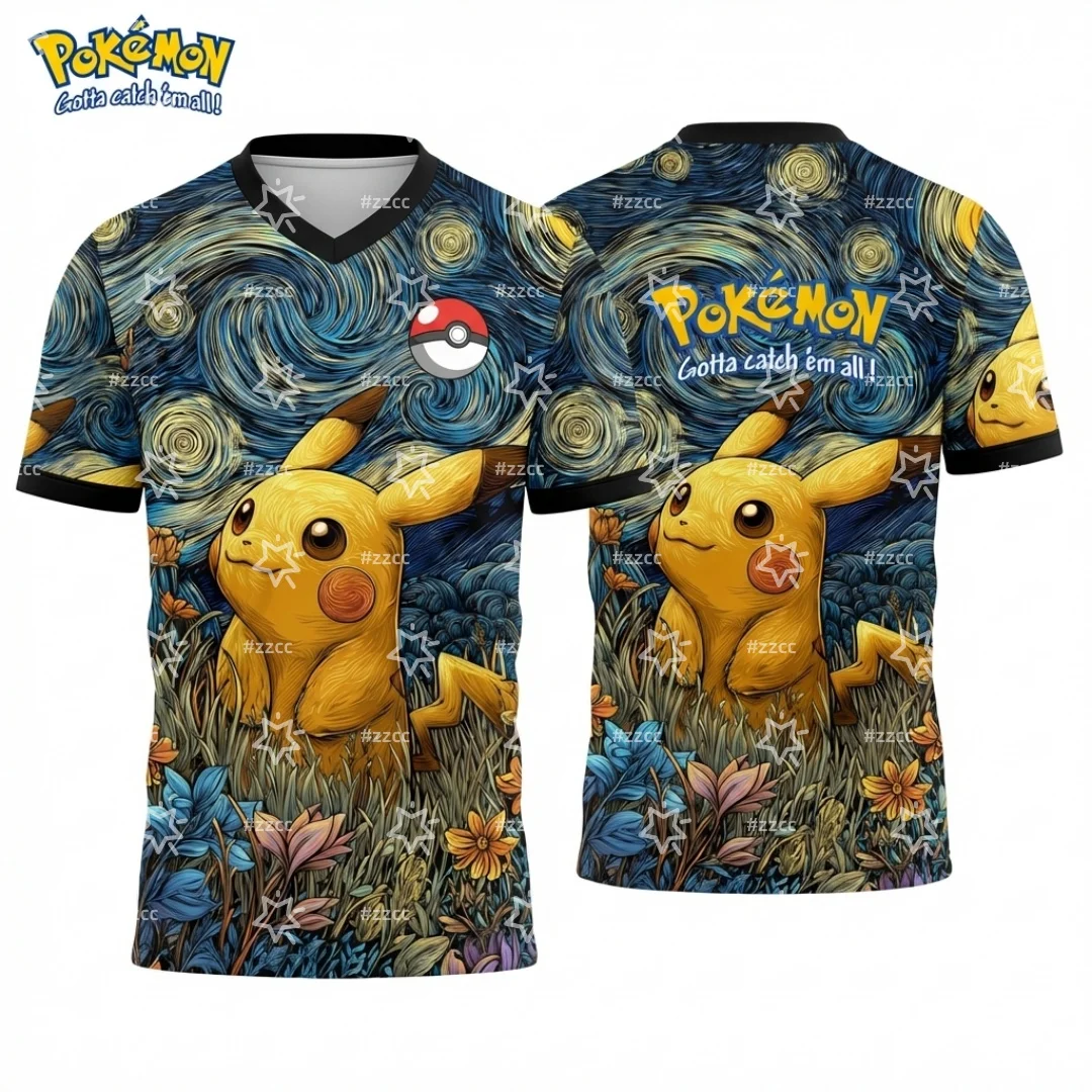 2026 Pokémon Pikachu Van Gogh Graphic T-shirt Japanese Anime Football Jerseys Summer Sports Men's T-shirt Kid's Clothing Tee