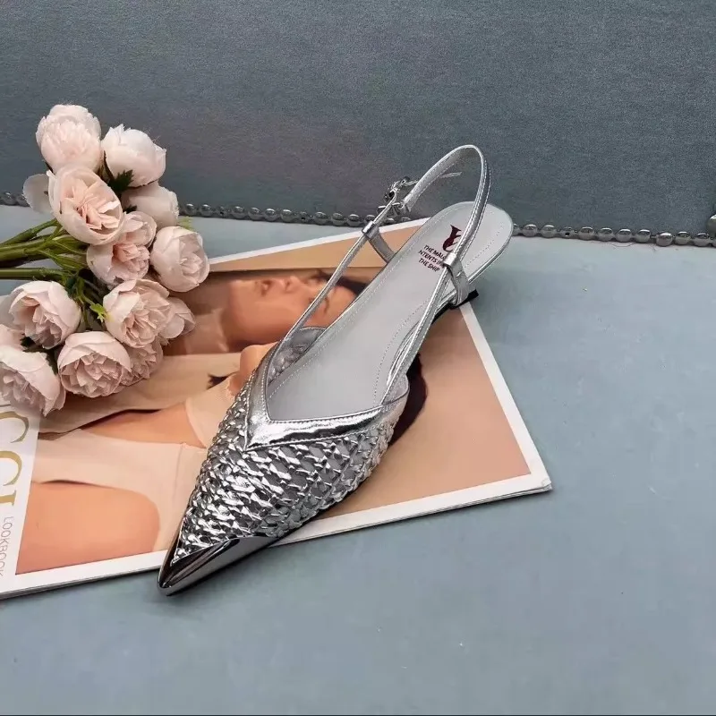 

2025 Summer Pointed Cat Heel Breathable Hand-Woven Gold and Silver French Sandals for Women