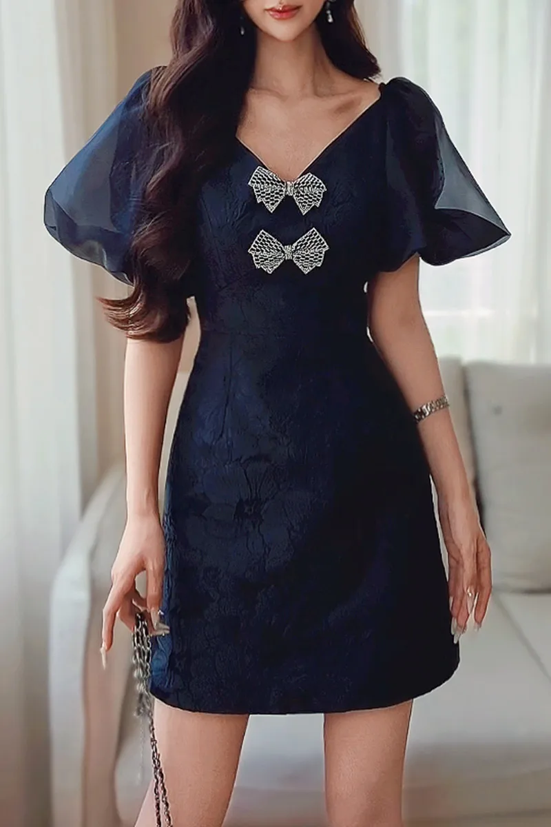 Летнее однотонное жаккардовое платье, женское платье с v-образным вырезом и ромбовидным бантом, пышными рукавами, юбка трапециевидной формы длиной до колена Y2K, новинка 2023 года DABUWA DA1BDR110